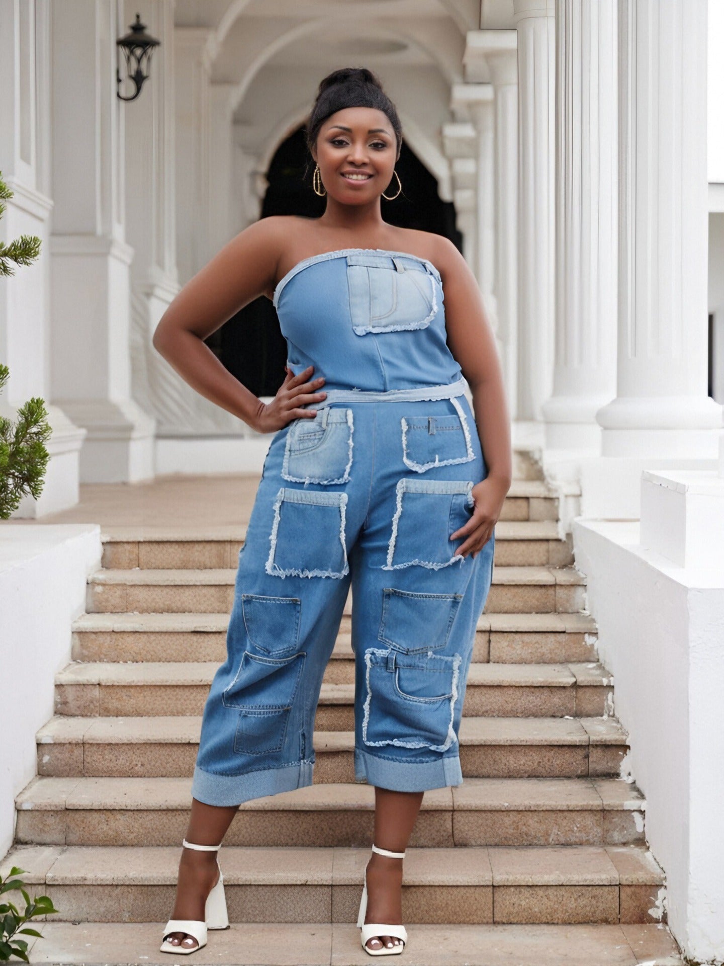 Plus Size Strapless Multi Pocket Patch Cargo Denim Jumpsuit 4