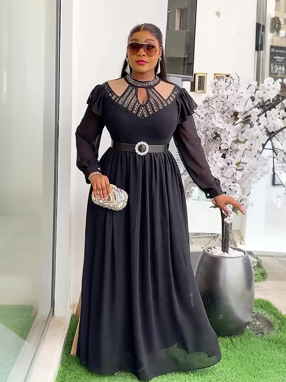 Plus Size Elegant Women Beaded Dress with Belt 7