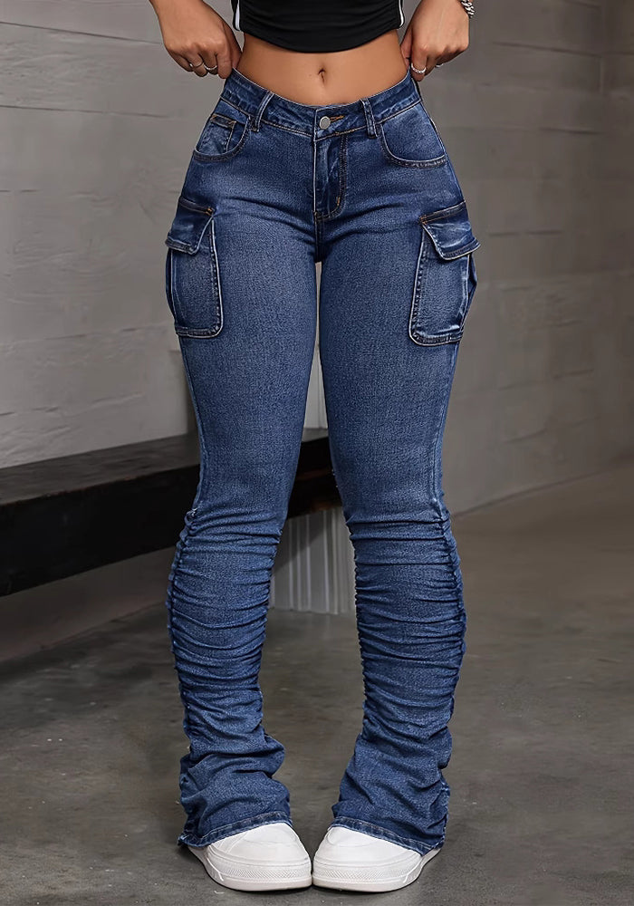 Women's Denim Side Pleats Mid Waist Elastic Dark Blue Cargo Stacked Pants