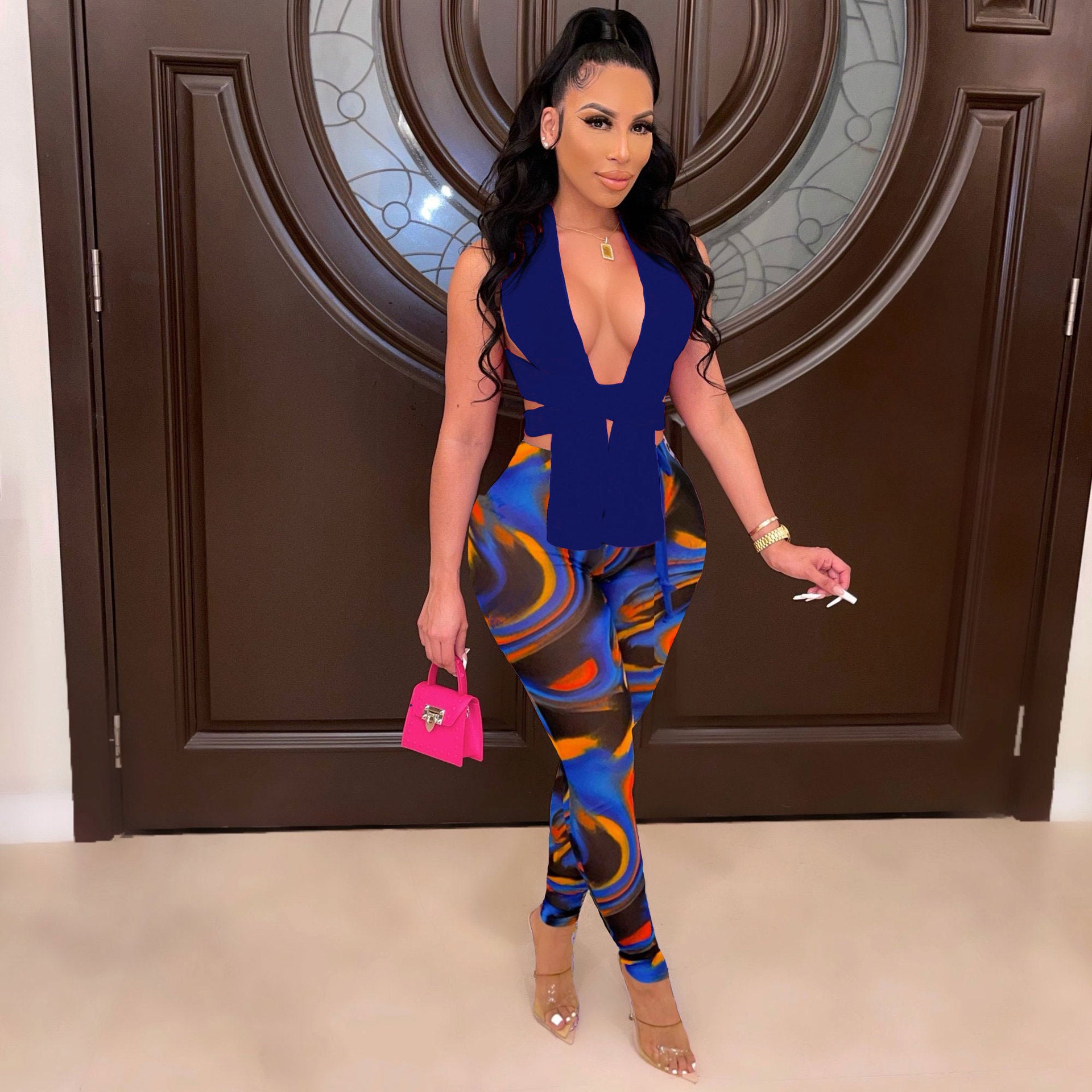 Women's Sexy Two Piece Halter Wrap Print Pants Set 9