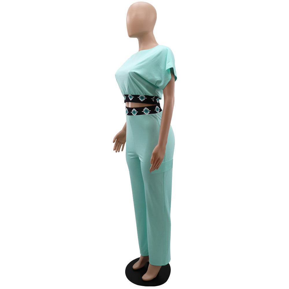 Casual Women's Short Sleeve Top Summer Solid Color Versatile Loose Straight Leg Trousers Two-Piece Set 16