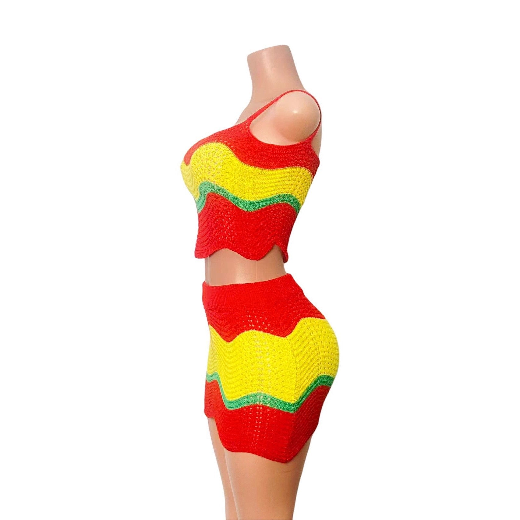 Women Holiday Multi-Color Knitting halter top and skirt with wavy pattern and hollowed-out lace. 12