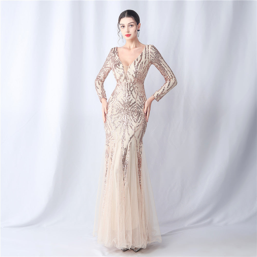 Women mesh sequin wedding dinner long-sleeved evening dress 24