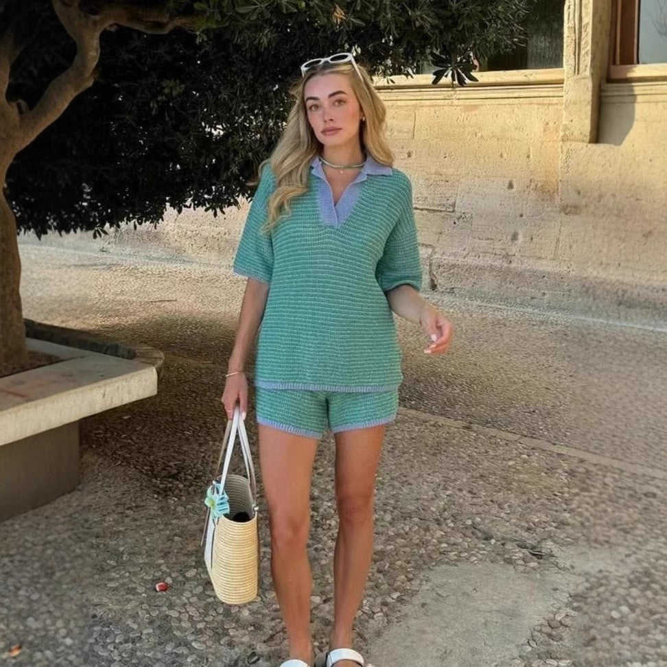 Summer Women's Loose Knit Turndown Collar Top & High-Waist Shorts 4