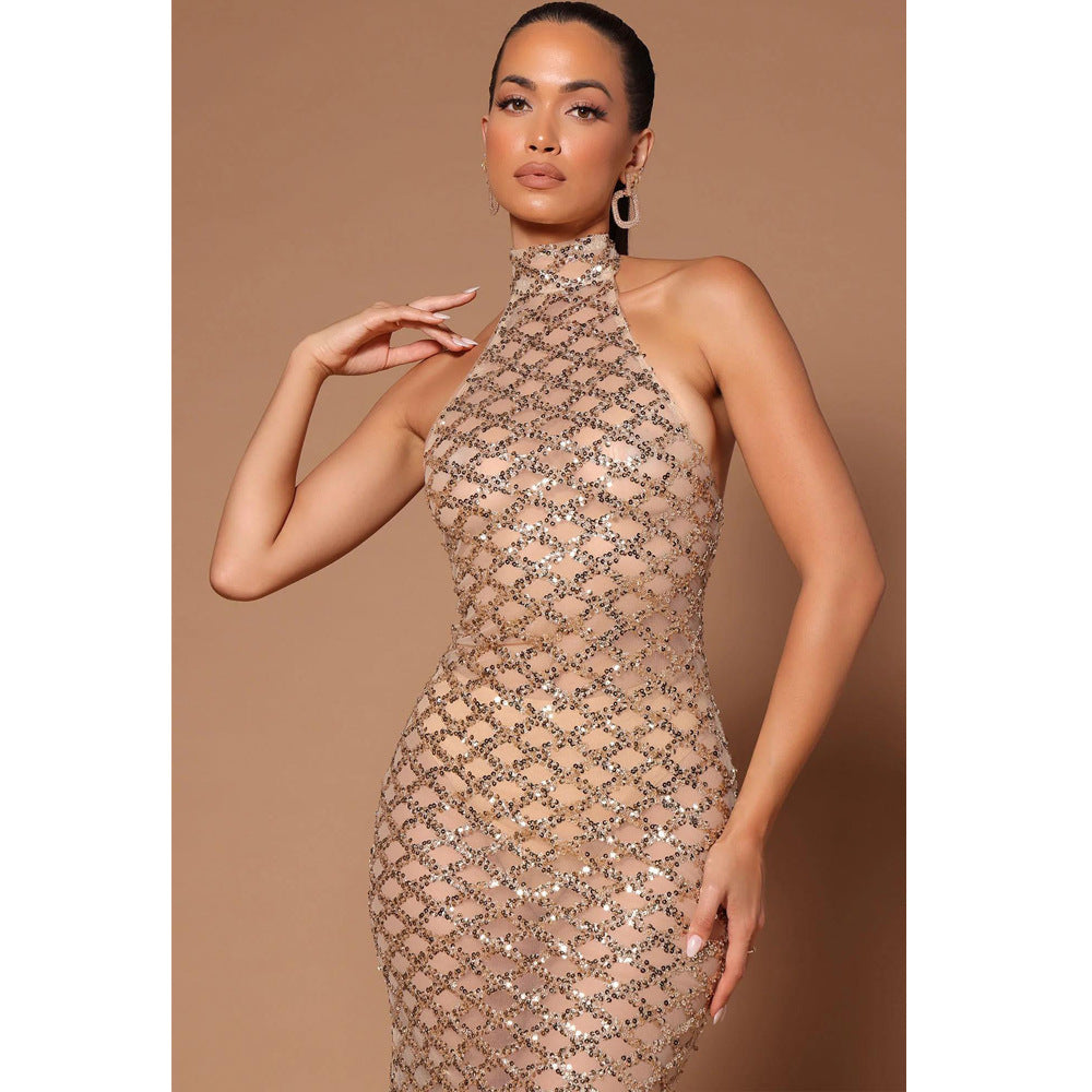 Women Fashion Sexy Low Back Nightclub Party Dress Beaded Sequin See-Through Dress 6