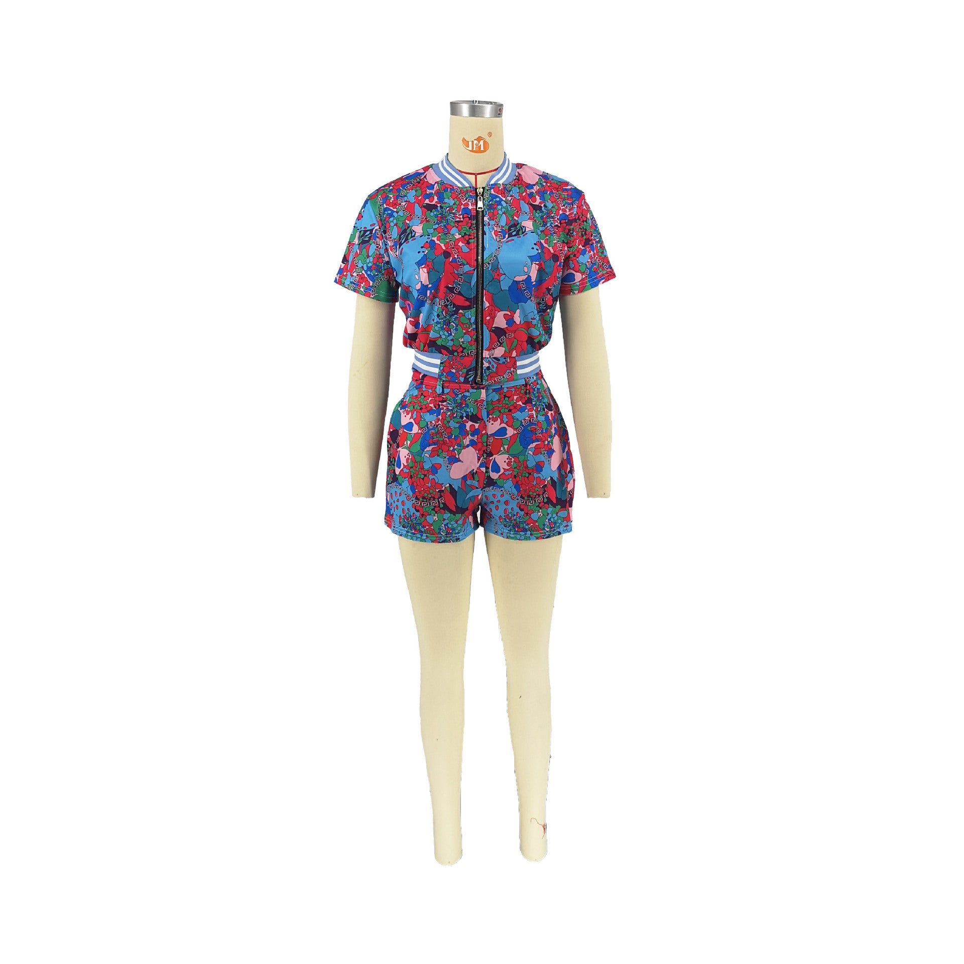 Summer Women'S Fashion Print Casual Short Sleeve Zipper Top Shorts Two Piece Set 6