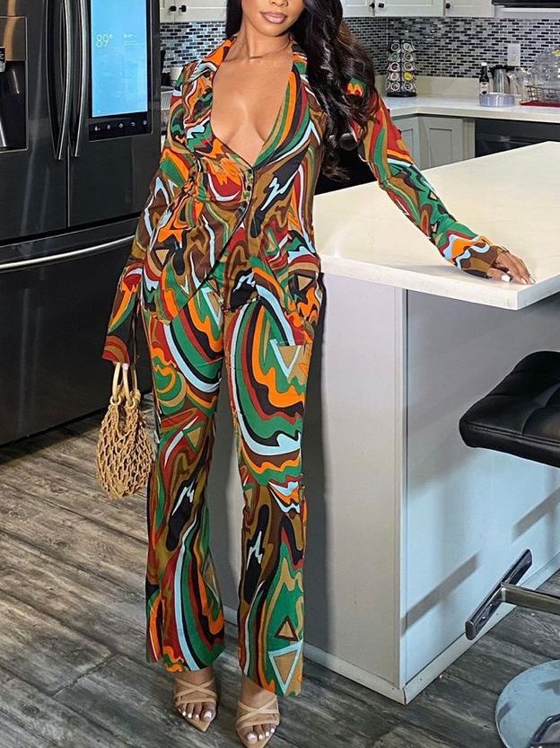 Autumn deep V suit female sexy printed shirt wide-leg pants fashion casual two-piece set 6