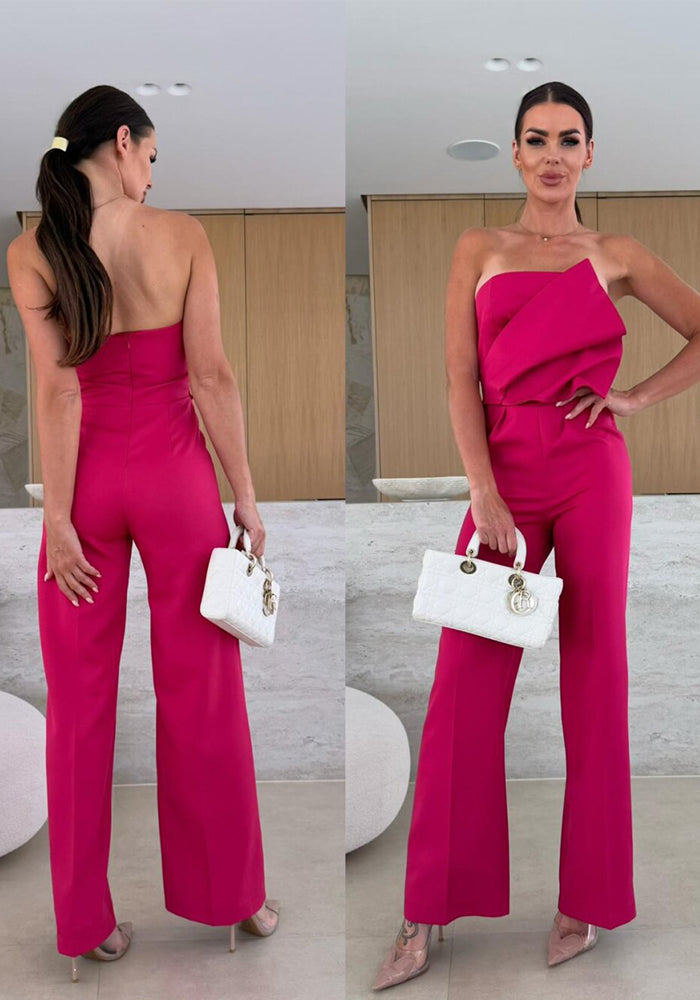 Solid Color Tight Fitting Strapless Low Back High Waist Wide Leg Jumpsuit