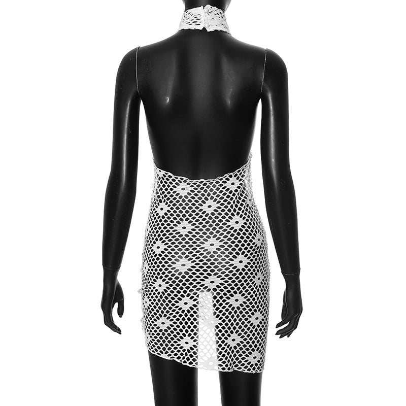 Women Summer Solid Sexy Round Neck Mesh Sleeveless See-Through Lace-Up Dress 11