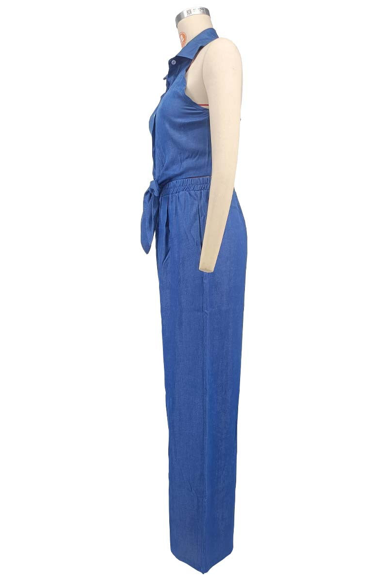 Women blue denim halter neck turndown collar backless top and wide leg pants two piece set 4