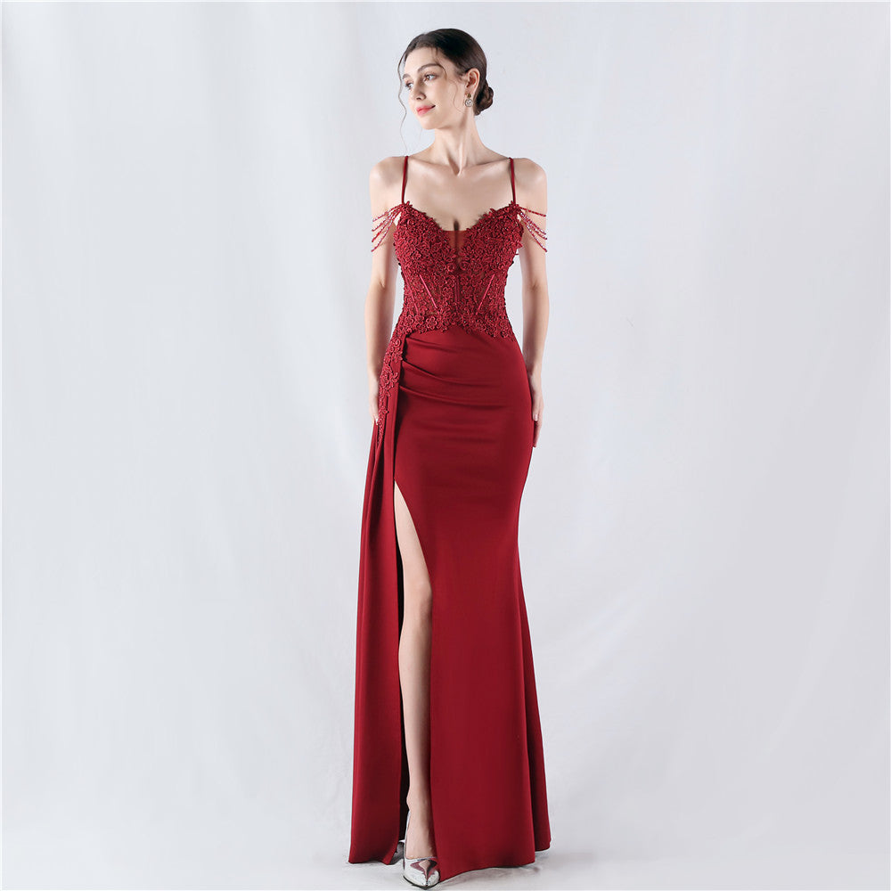 Women Beaded Flowered Fishbone Beaded Evening Dress 17