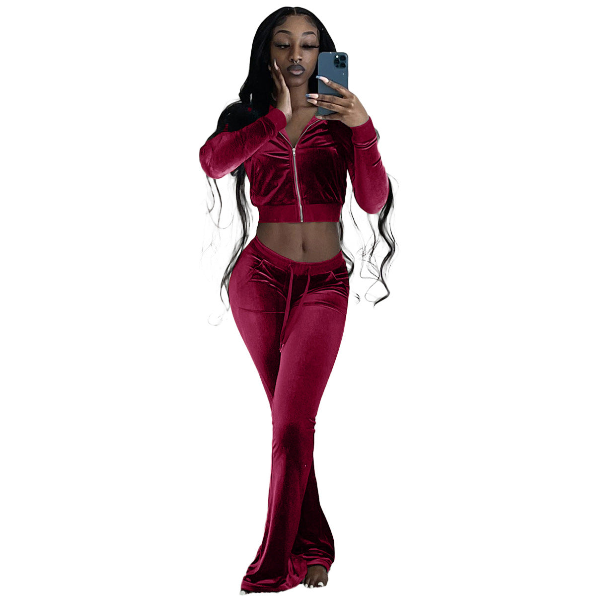 Women's Solid Color Velvet Long Sleeve Sexy Zipper Crop Top Pants Casual Sports Two Piece Set 15