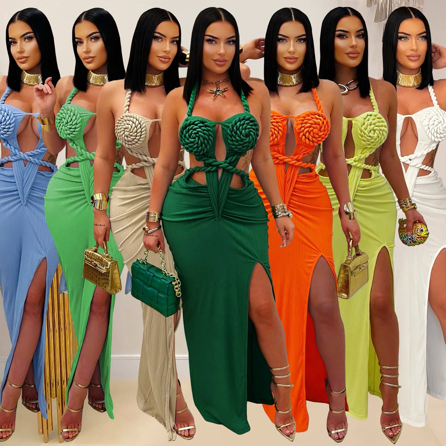 Women sexy knitting Halter Neck Backless Solid Dress 42