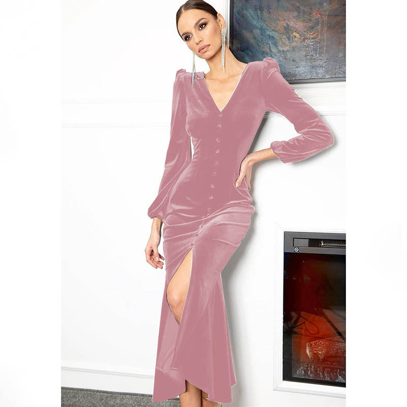 Women Autumn Knittingv Collar Solid Padded Shoulder Long Sleeve Slit Evening Dress 8