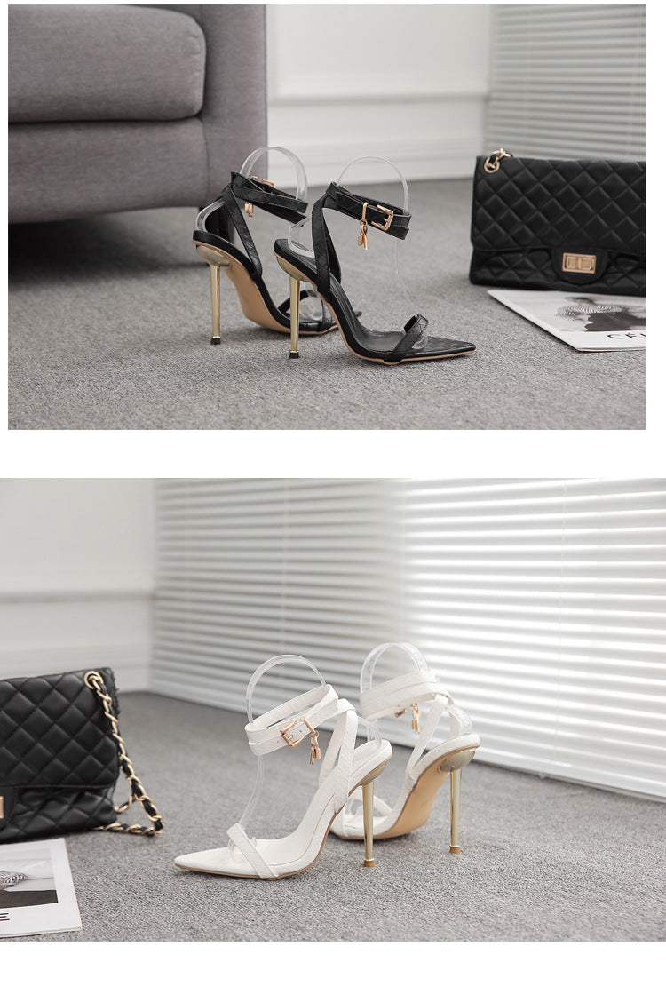 Women Pointed Toe Metal Lock Stiletto Sandals 17