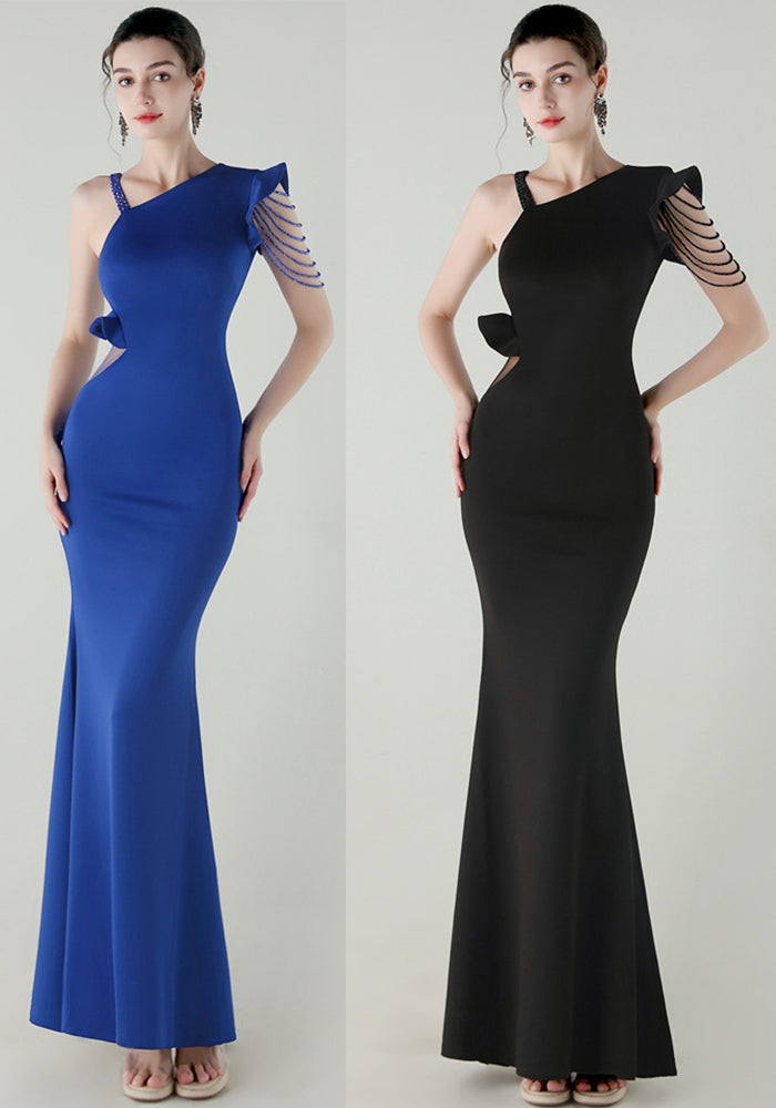 Women satin one-shoulder beaded Formal Party hollow ruffle fishtail evening dress