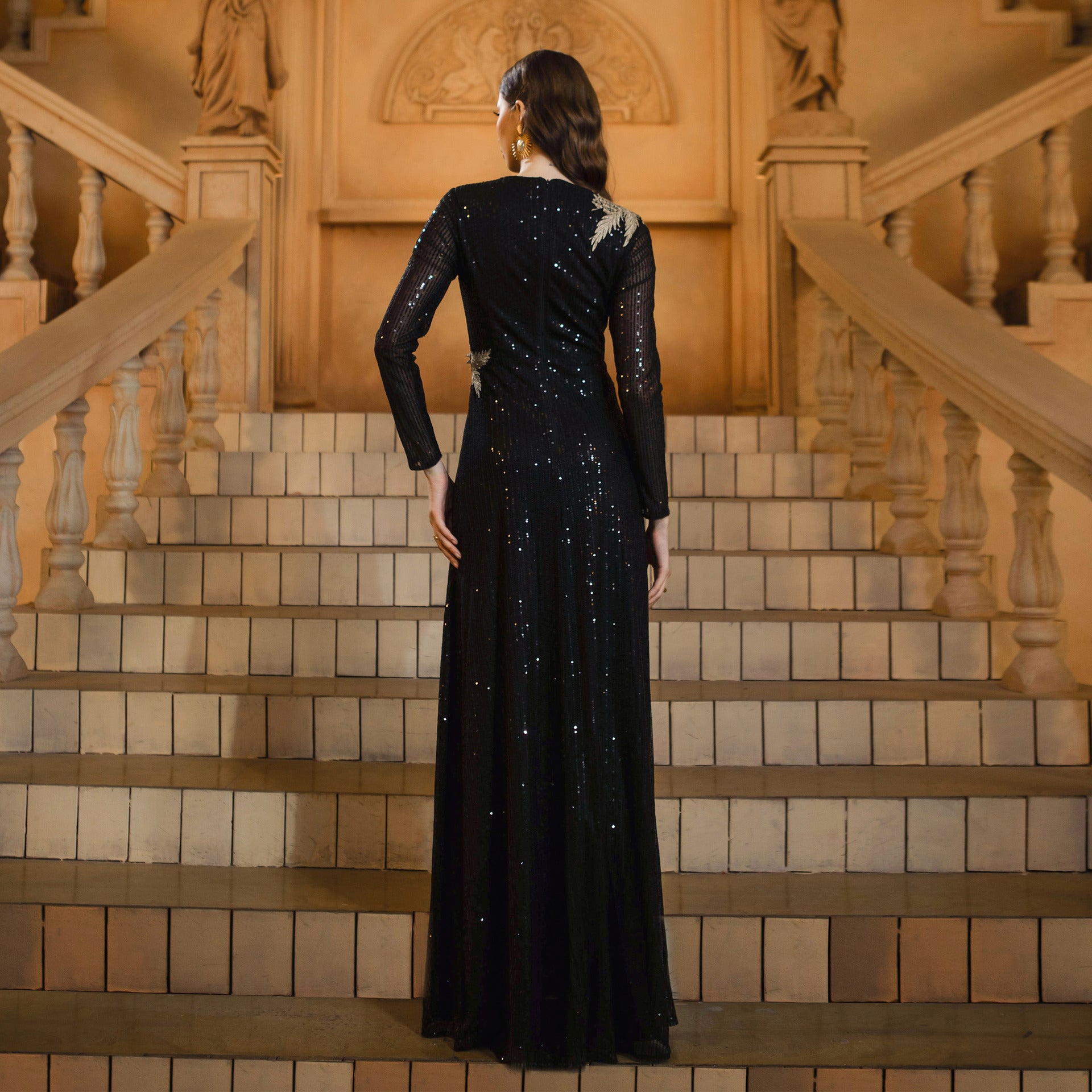 Women Round Neck long sleeve sequined formal party slit evening dress 4