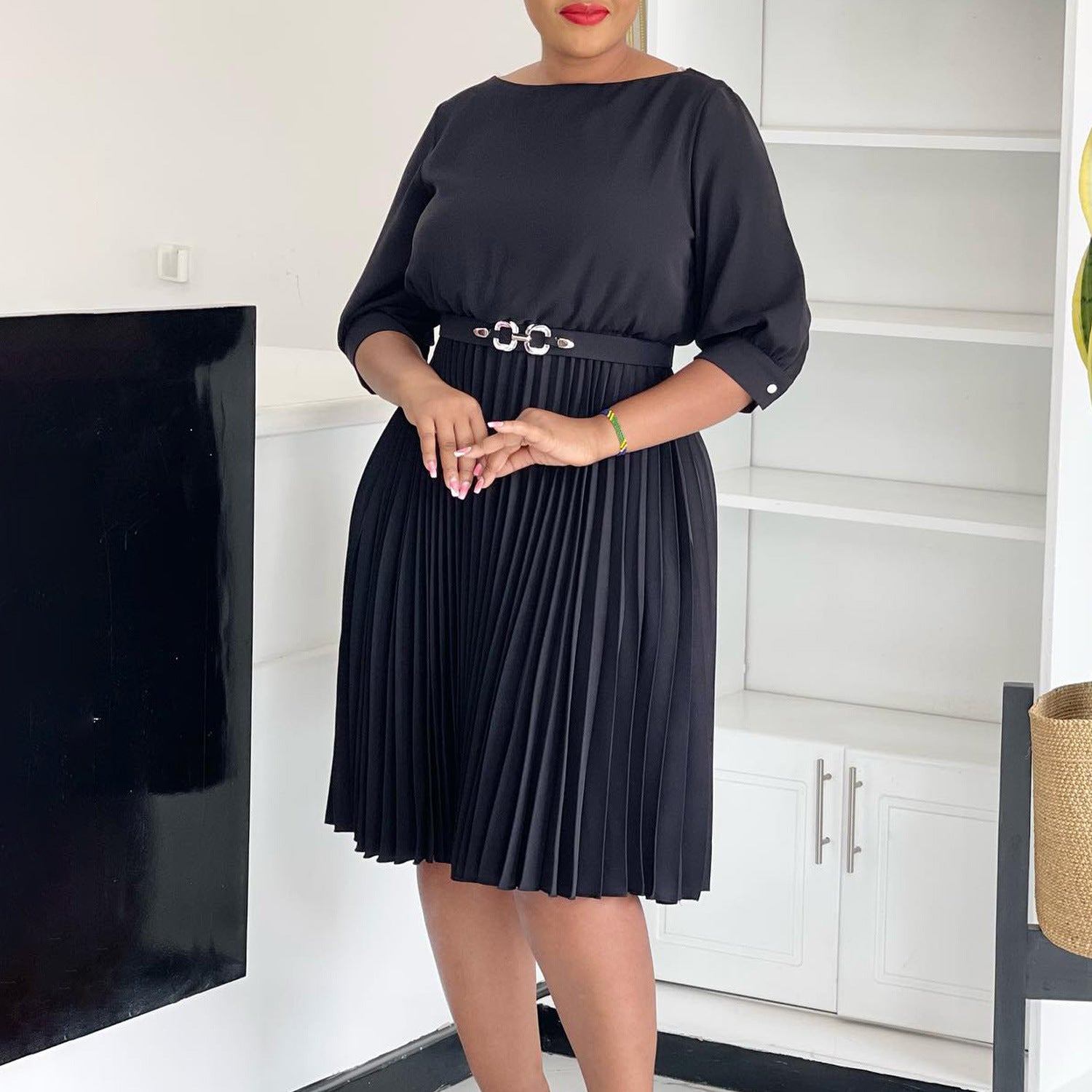 Women's Chic Fashion Elegant Round Neck Three-Quarter Sleeve Pleated African Dress 7