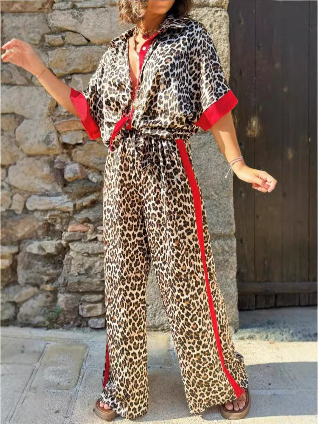 Women's Casual Leopard Print Contrast Short Sleeve Button Top Wide Leg Pants Two Piece Set 3