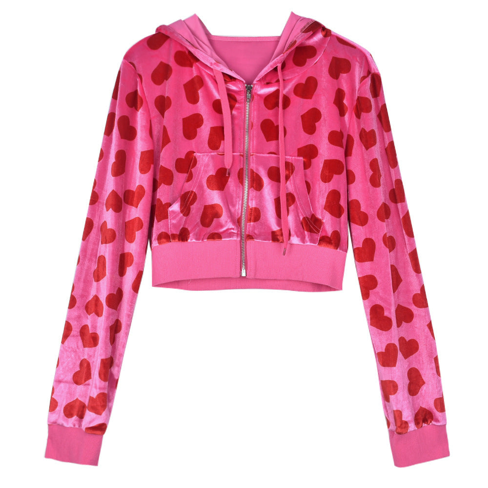 Women Sexy Hooded Printed Zipper Crop Top and Pants Two-piece Set 13