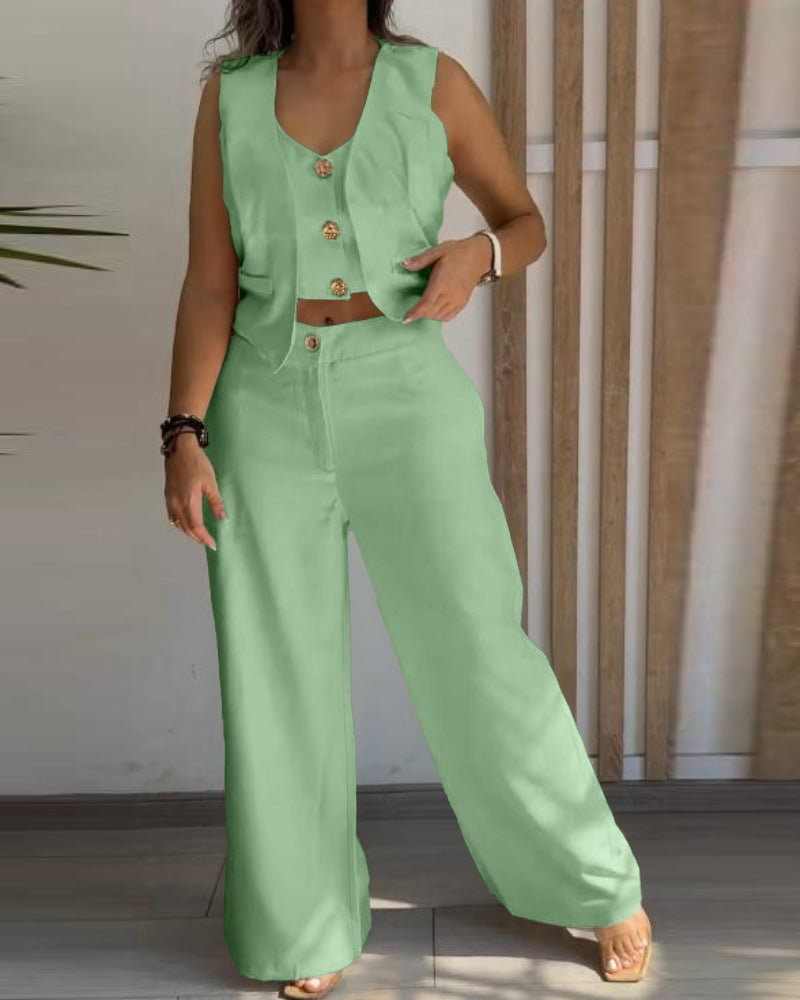 Women Metal Button Faux Sleeveless Top and Casual Solid Pant Two-Piece Set 4