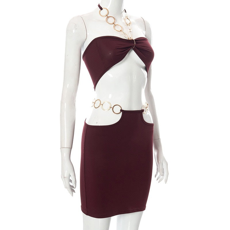 Spring Women'S Metal Ring Halter Neck Sexy Two Piece Skirt Set 7