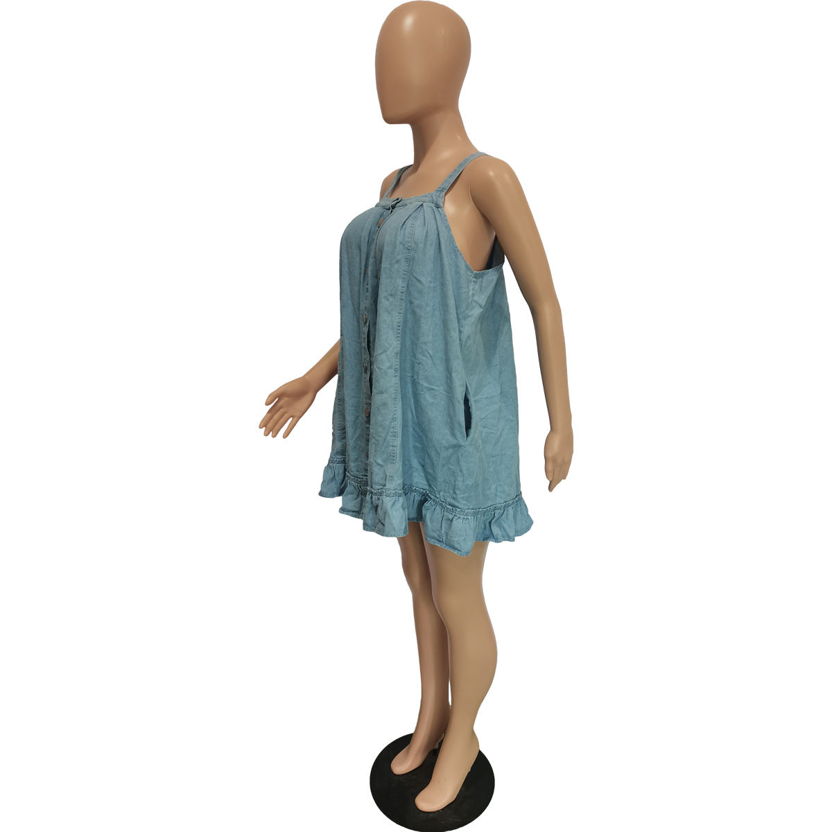 Women Solid Color Sling Button Pocket Loose Denim Dress 9