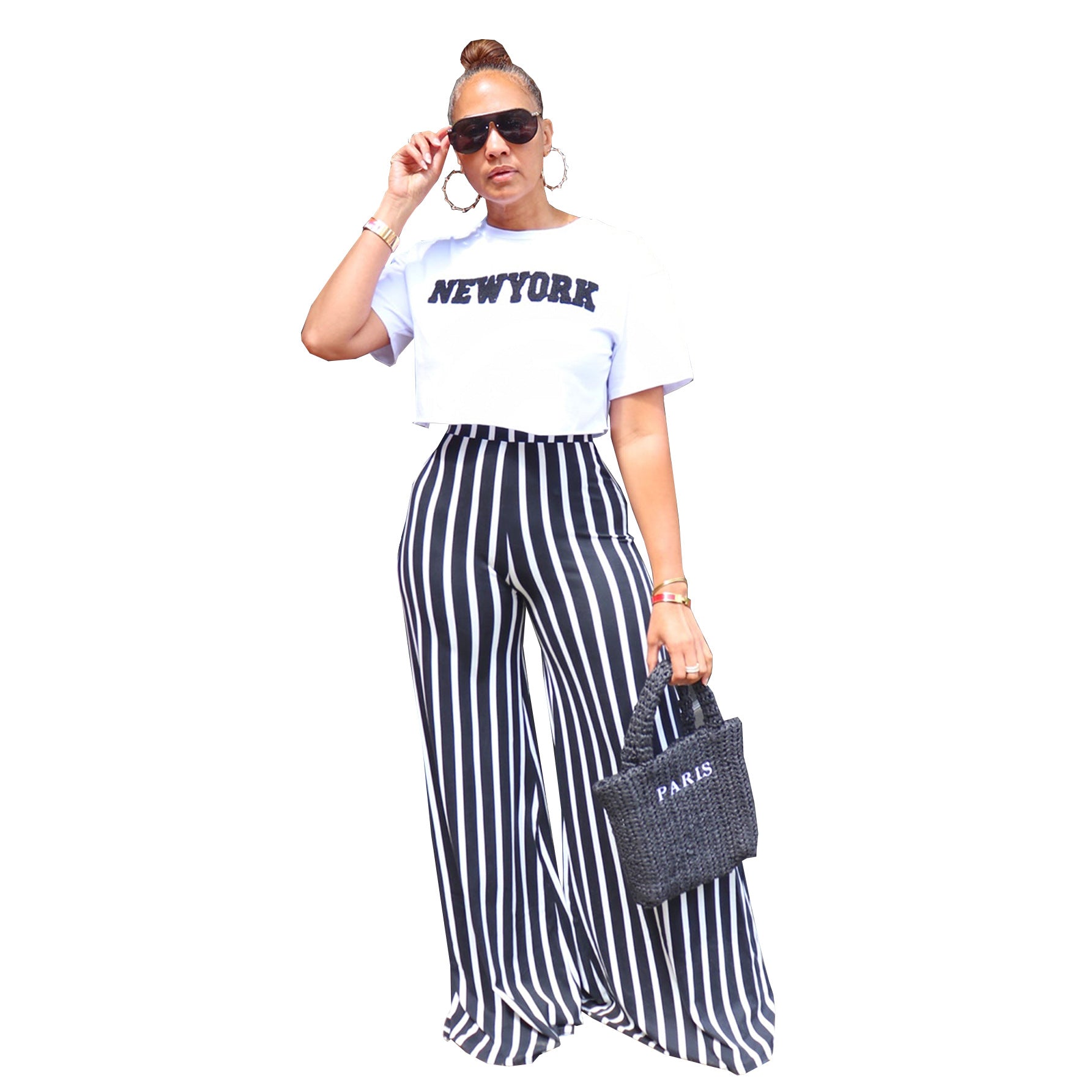 Women's Striped Print Loose Wide Leg Pants Straight High Waist Slim Fit Casual Pants 8