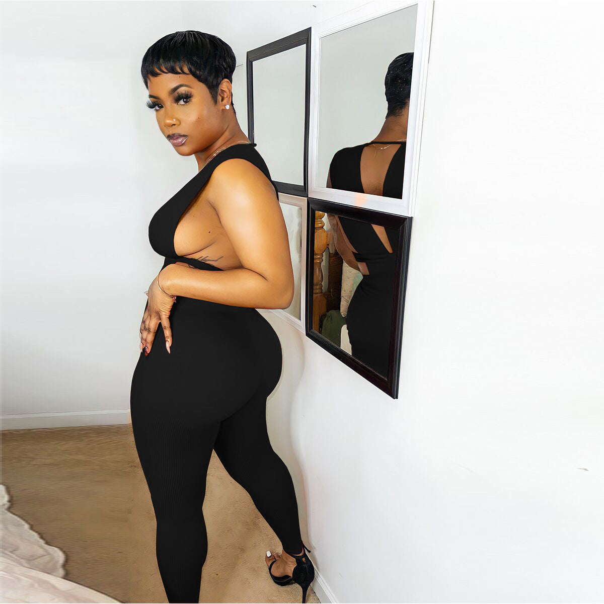 Nightclub Women Clothes Stretch Ribbed Sexy Lace-Up Sleeveless Jumpsuit 5