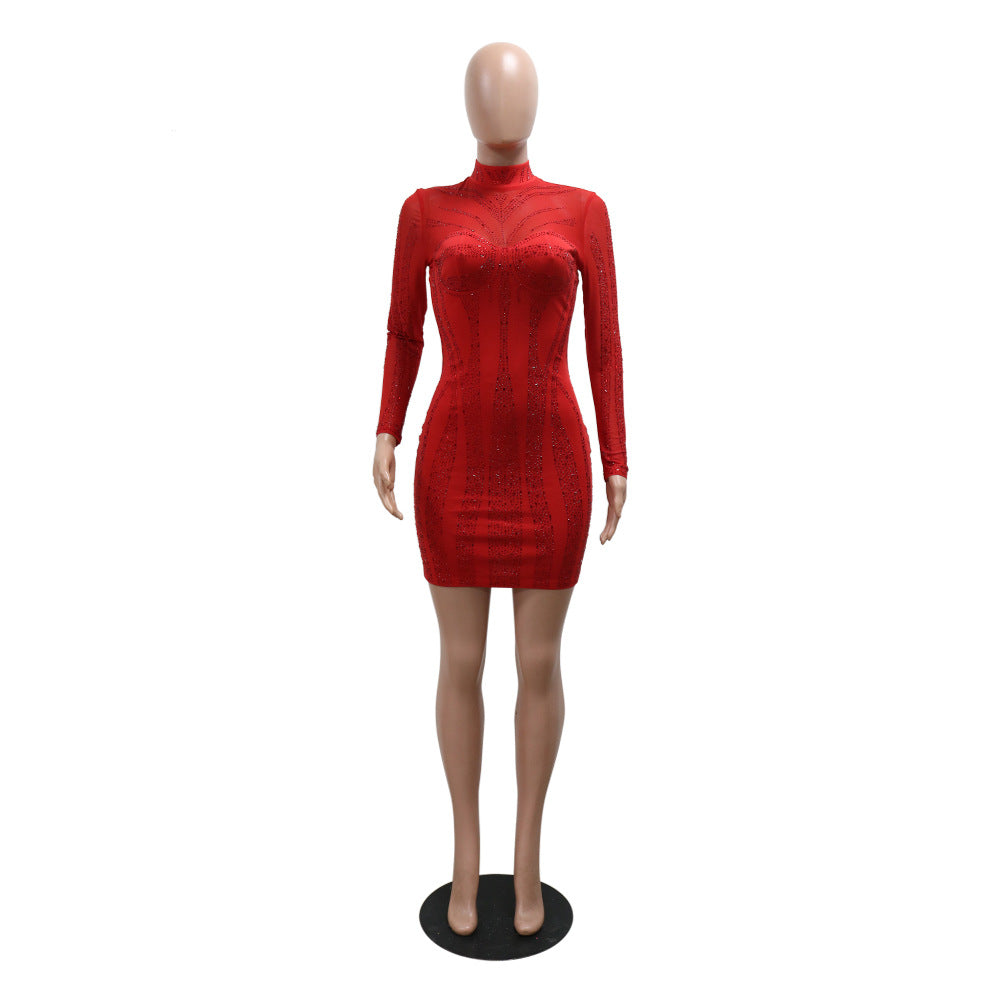 Sexy Solid Color Long Sleeve Beaded Bodycon Dress 12