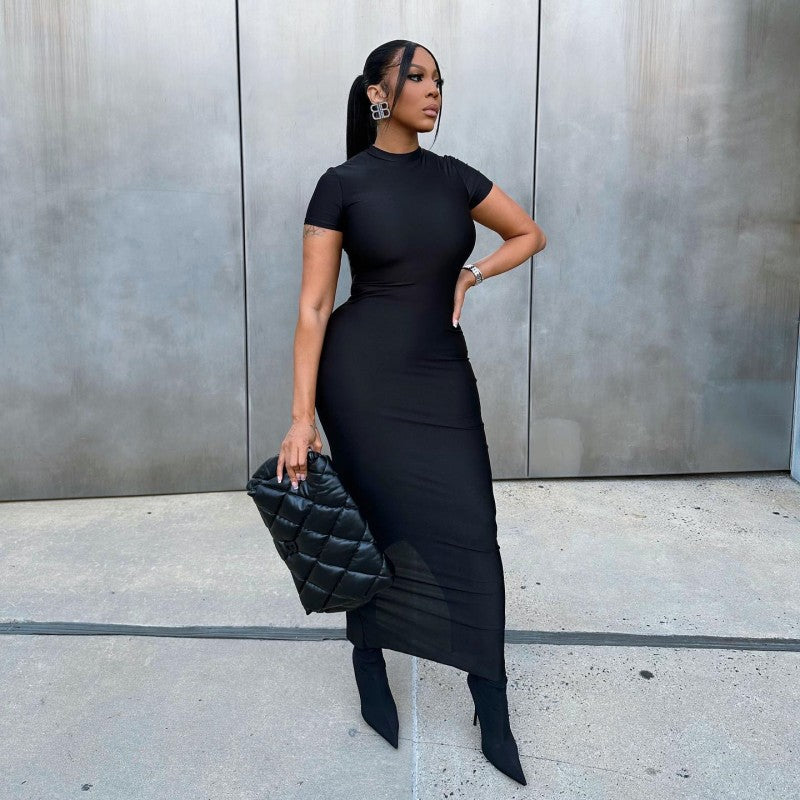 Women Solid Round Neck Short Sleeve Bodycon Dress 4