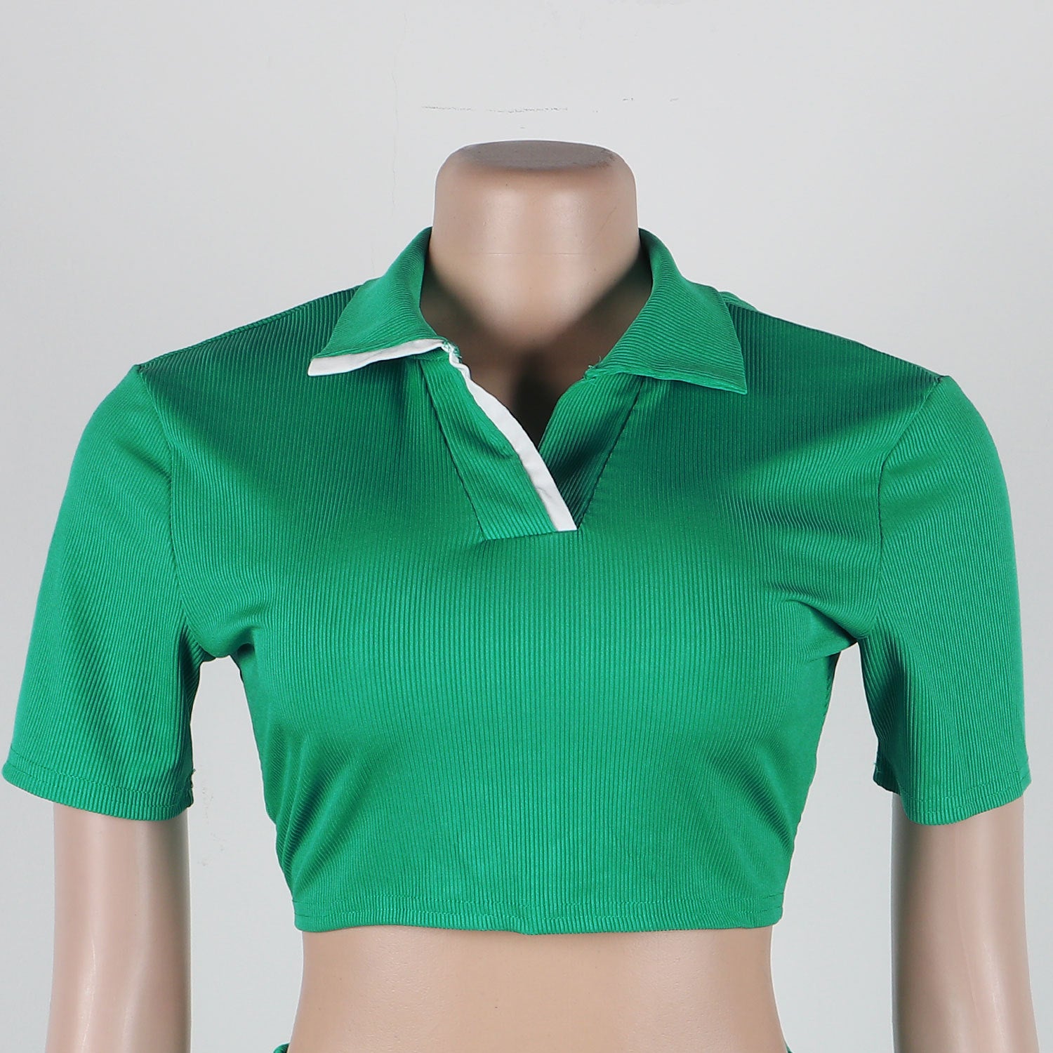 Women Sexy Turndown Collar Short Sleeve Top and Skirt Two-piece Set 21