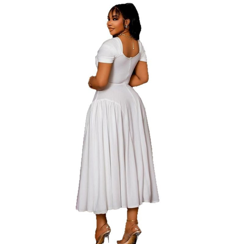 Elegant women's solid color pleated A-line V-neck short-sleeved low back long dress formal party dress 7