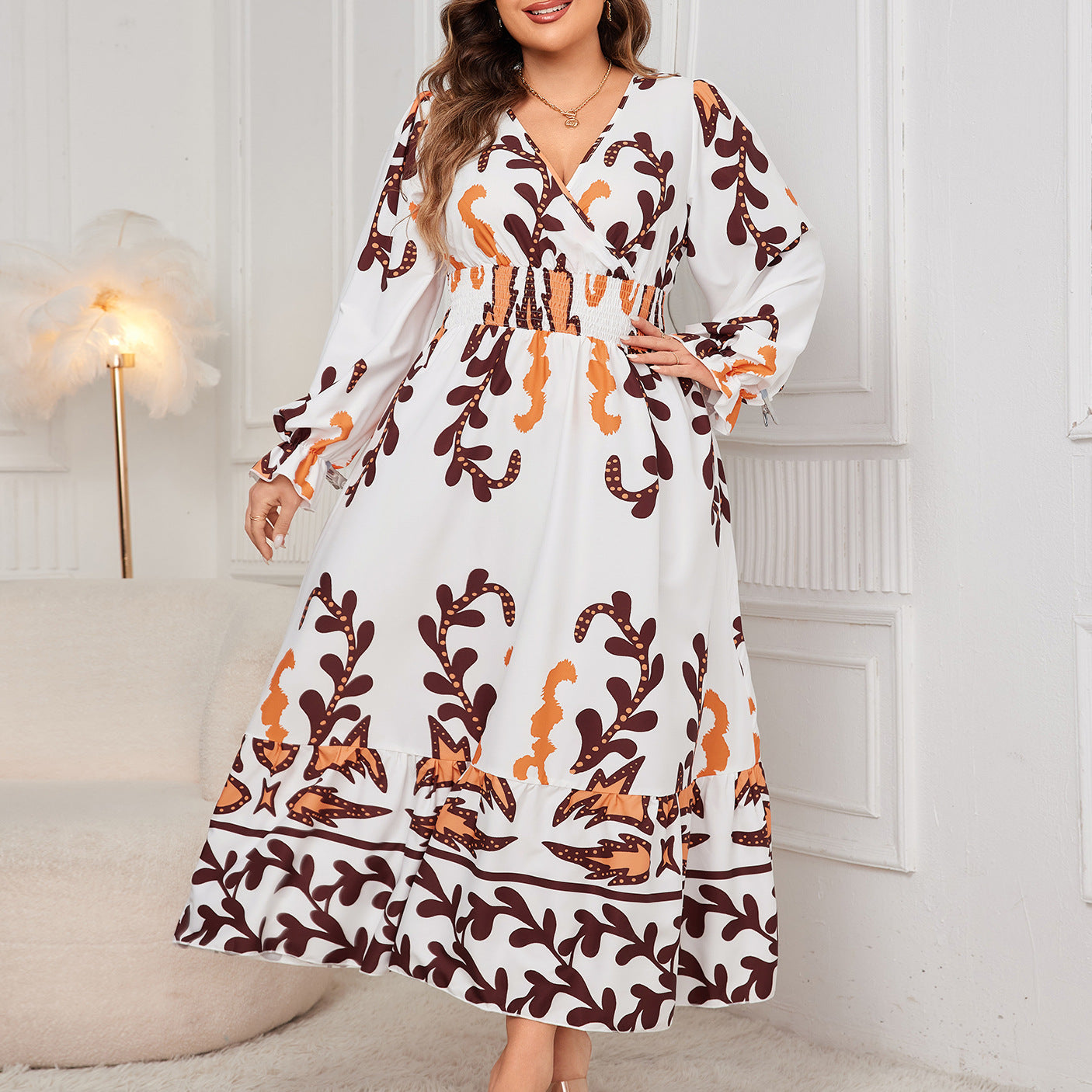 Plus Size Women Printed Long Sleeve V-neck Long Dress 6