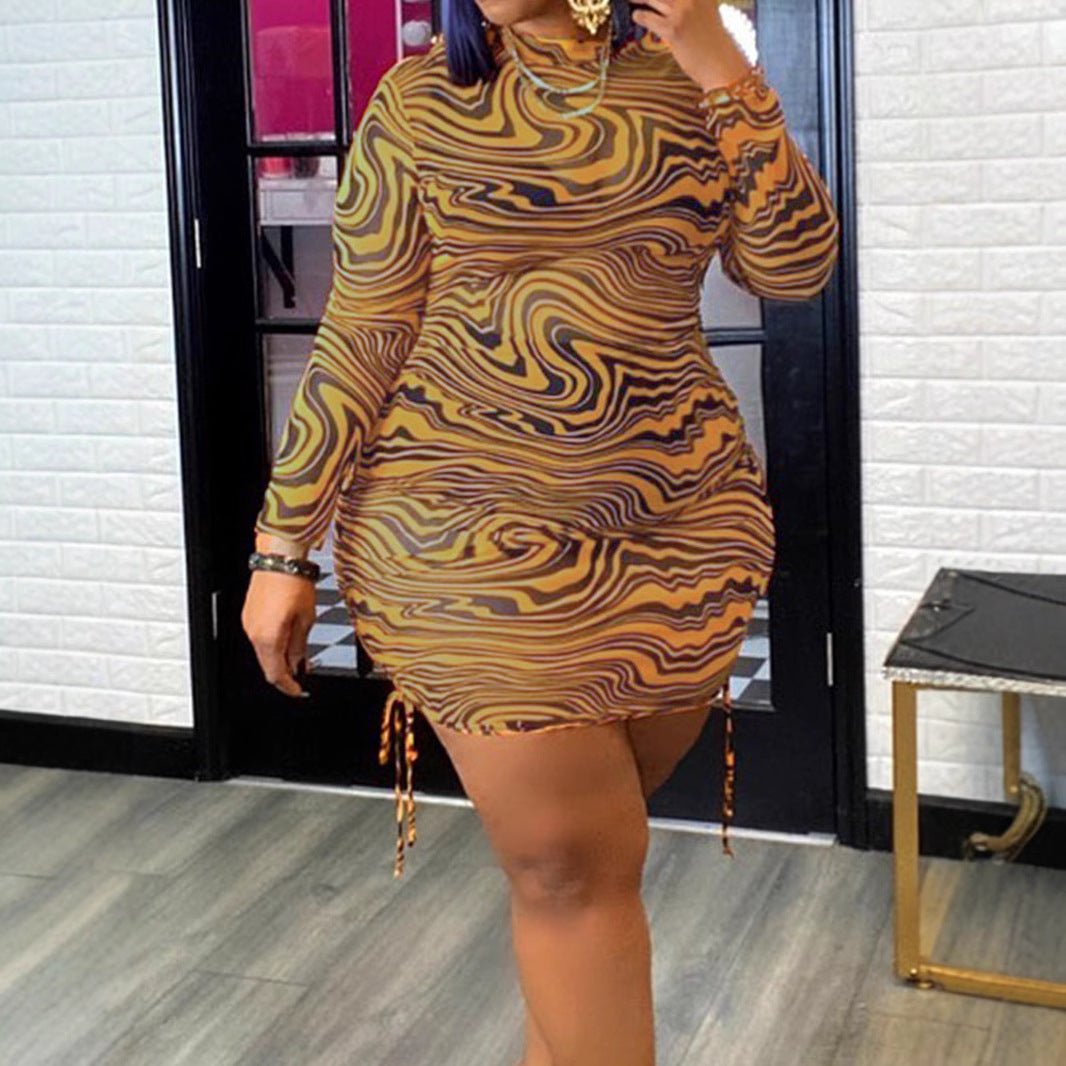 Plus Size Women Mesh Zebra Print Drawstring Dress