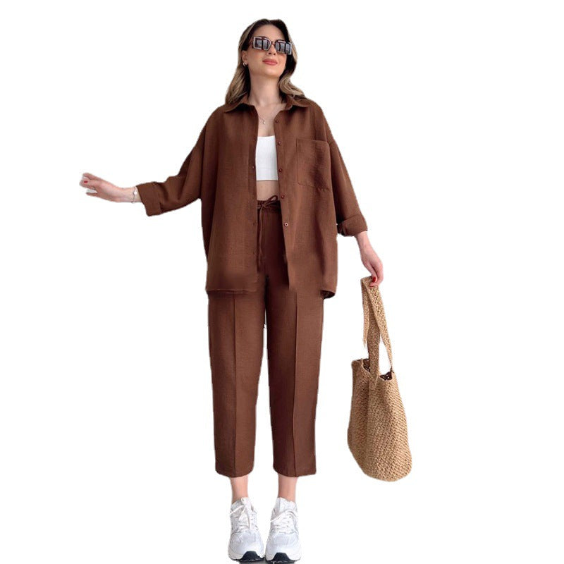 Plus Size Women's Fall Casual Loose Shirt Coat Cropped Sport Harem Pants Two-Piece Set 10