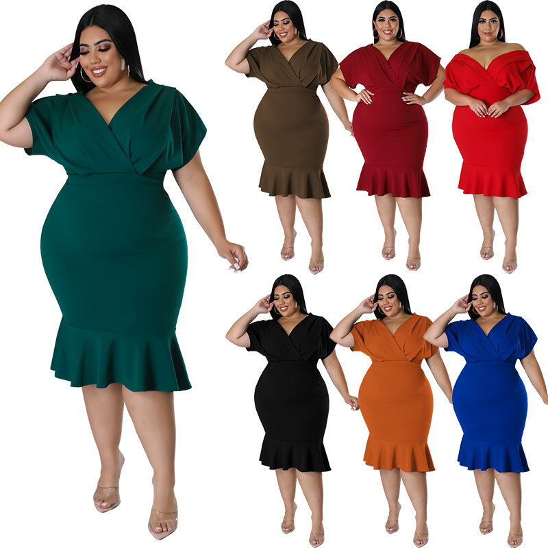 Fashion Plus Size Women's Summer Style V-Neck Solid Bodycon Dress