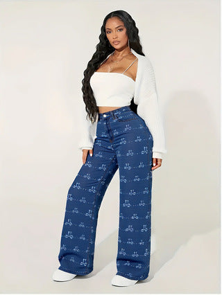 Women Stretch Butterfly Print Denim Wide-Leg Pants 4
