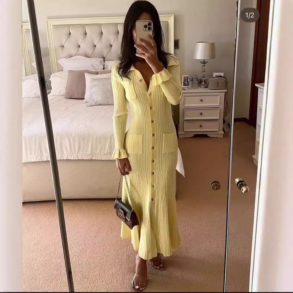 Long Sleeve Slim Waist Elegant Fall Winter Chic Knit Dress 5