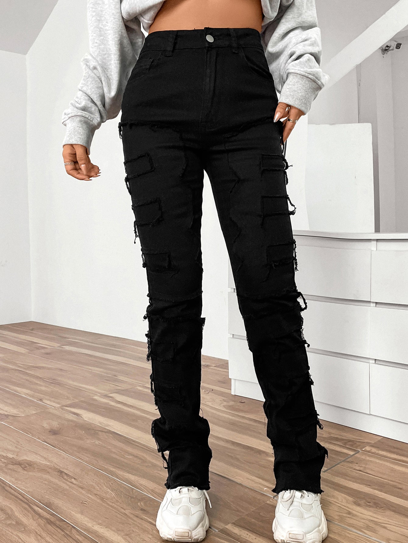 Women's Denim Embroidered Straight Pants Fashionable Patch Jeans 6
