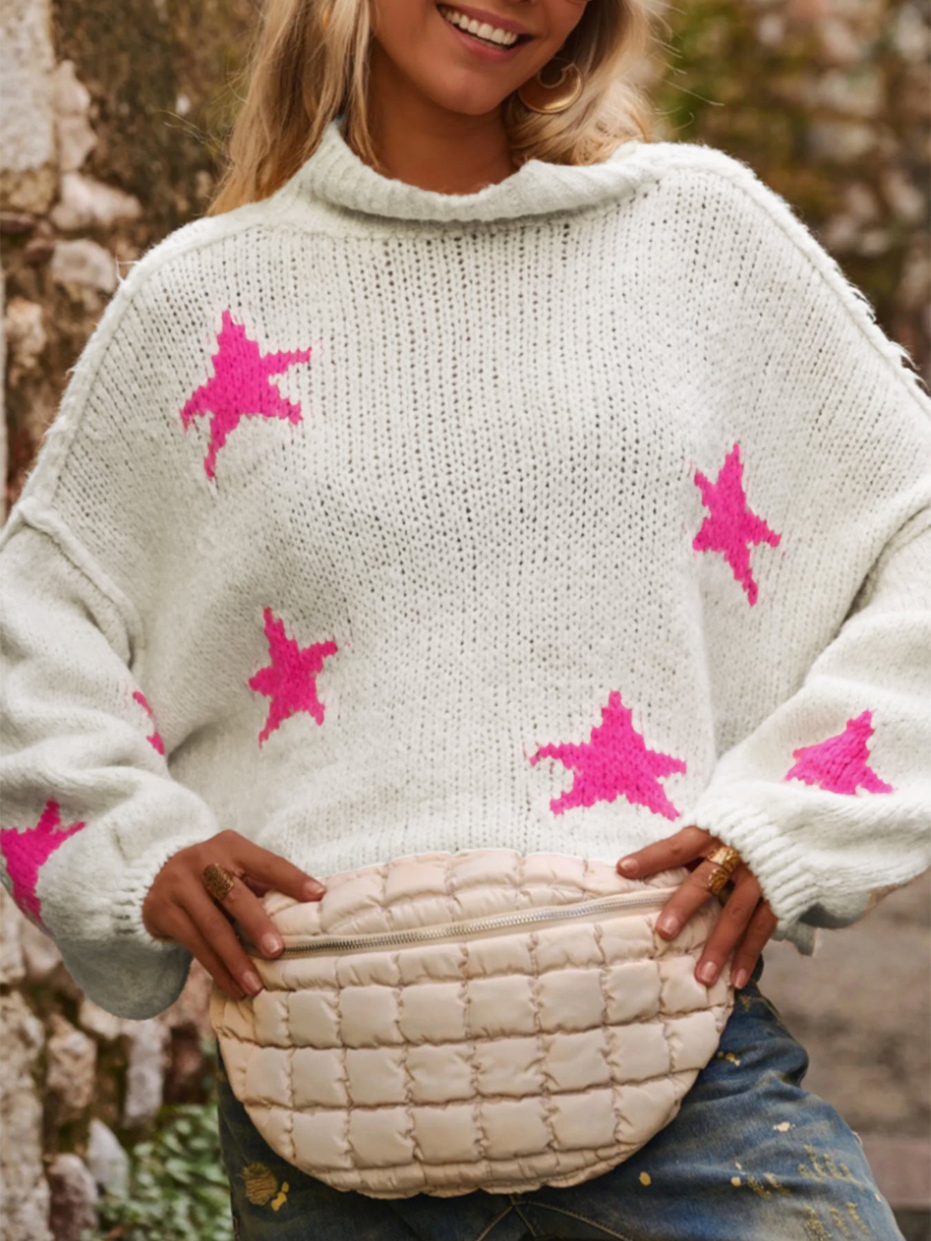 Women's Autumn Winter Casual Loose High Neck Pullover Long Sleeve Star Pattern Knitting Sweater 4