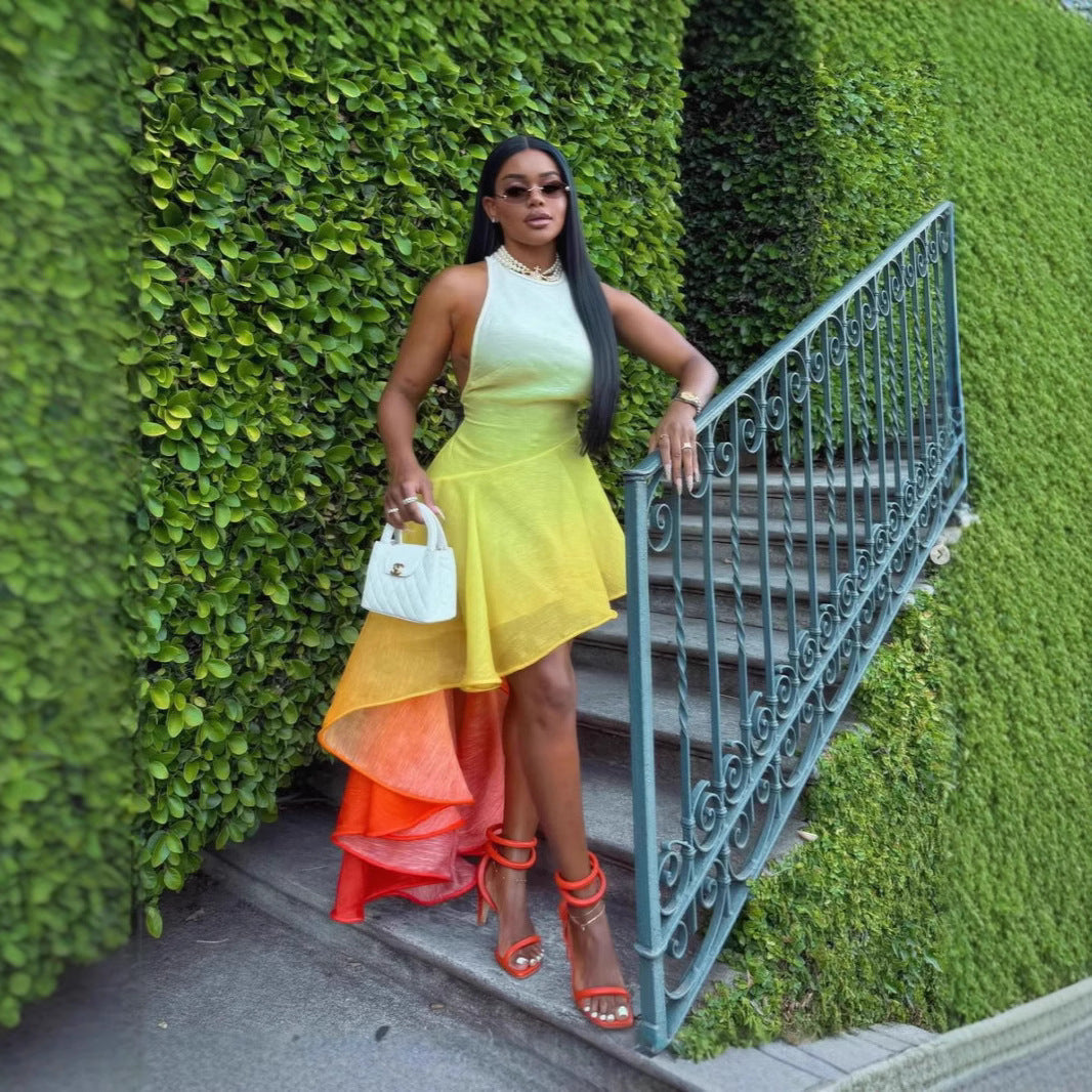 Women autumn sexy Holidays printed gradient strap dress