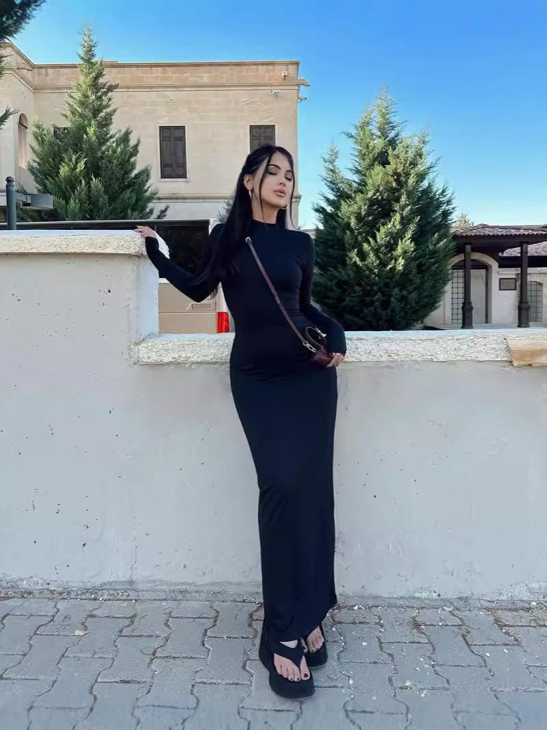 Women's Autumn Winter Stand Collar Long Sleeve Slim Solid Color Bodycon Dress 5