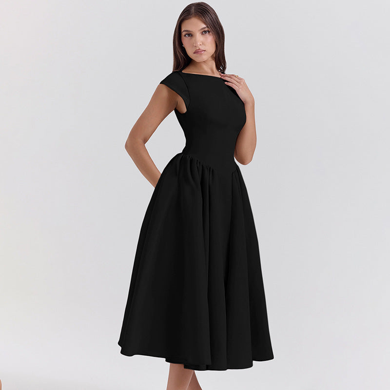 Women Spring Summer Solid Round Neck Backless Dress 9