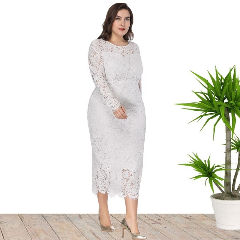 Plus Size Women Long Sleeve Lace Dress 8
