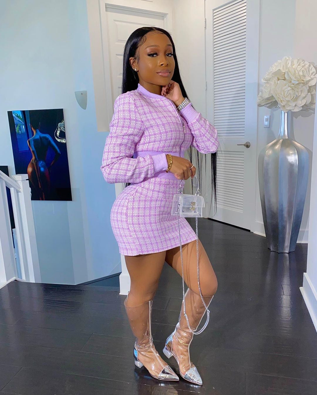 Women Plaid Ribbed Long Sleeve Top and Skirt Two-piece Set