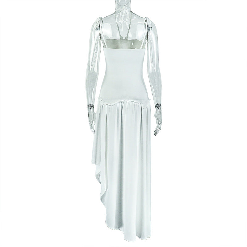 Solid Color slim women's pleated Low Back Halter Neck A-line long dress 7