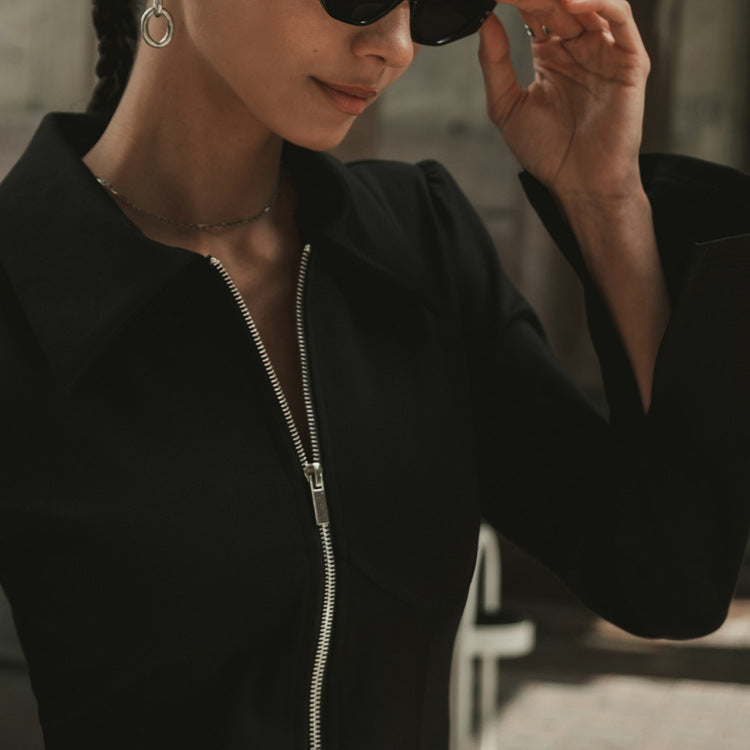 Women's Fashion Turndown Collar Zipper Long Sleeve Black Dress 5