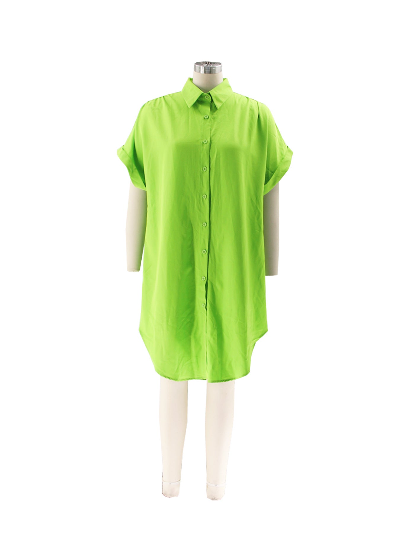 Summer Turndown Collar Solid Color Short Sleeve Single-Breasted Casual Shirt Dress 11