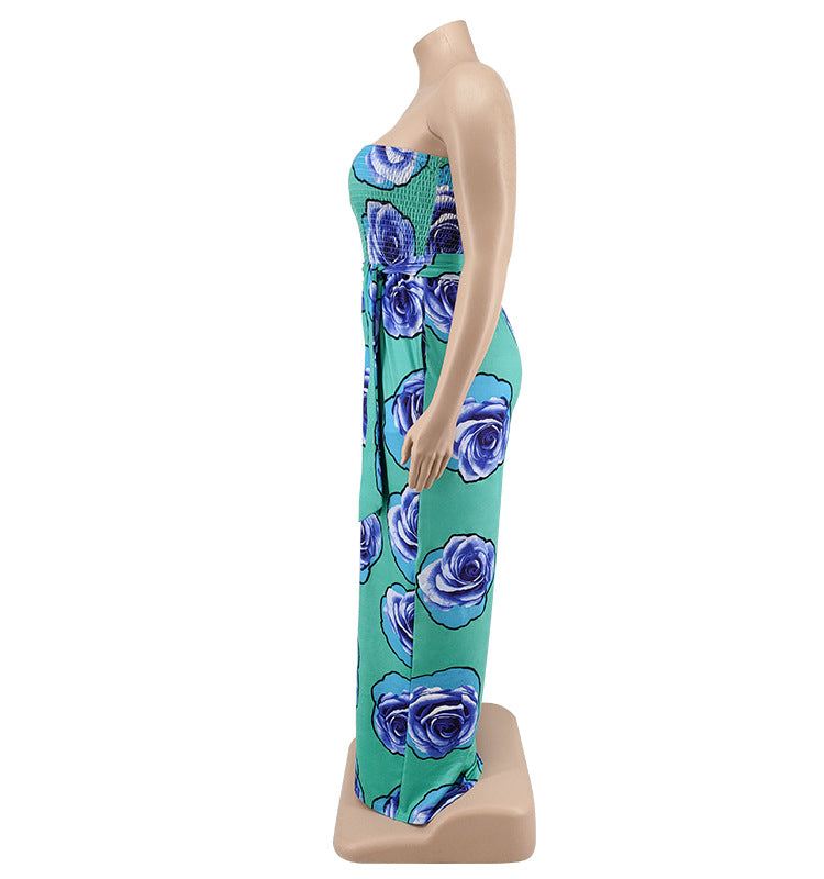 Plus Size Women summer sleeveless rose flower Strapless Jumpsuit 9